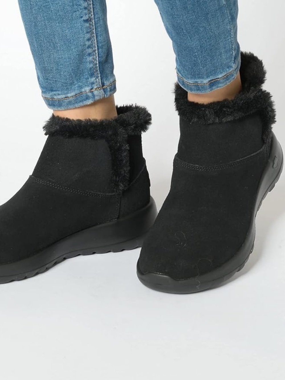 Skechers Women's On-The-Go Joy black suede slip-on boots faux fur trim size 7